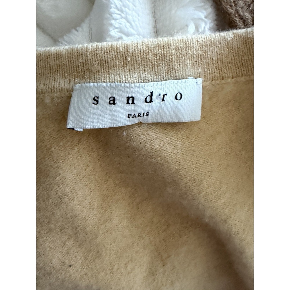 Sandro Paris Womens M US 6 Wool Cashmere V Neck Sweater Beige Contrast Trim - Picture 6 of 8